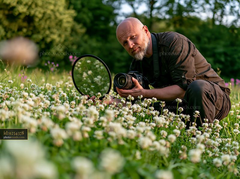 Man photographing meadow flowers with a camera