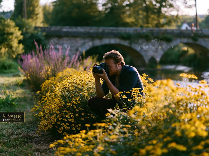 Man photographing meadow flowers near a stone bridge