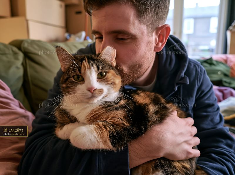 Man kissing cat while sitting on sofa at home