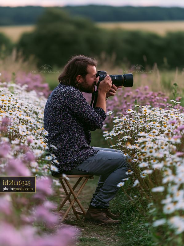 Man photographing meadow flowers during daylight