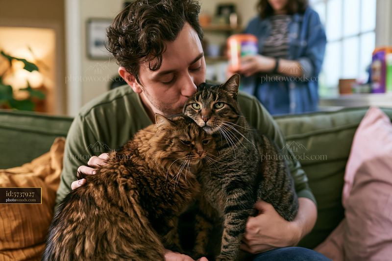 Man kissing two cats on a sofa in a cozy living room