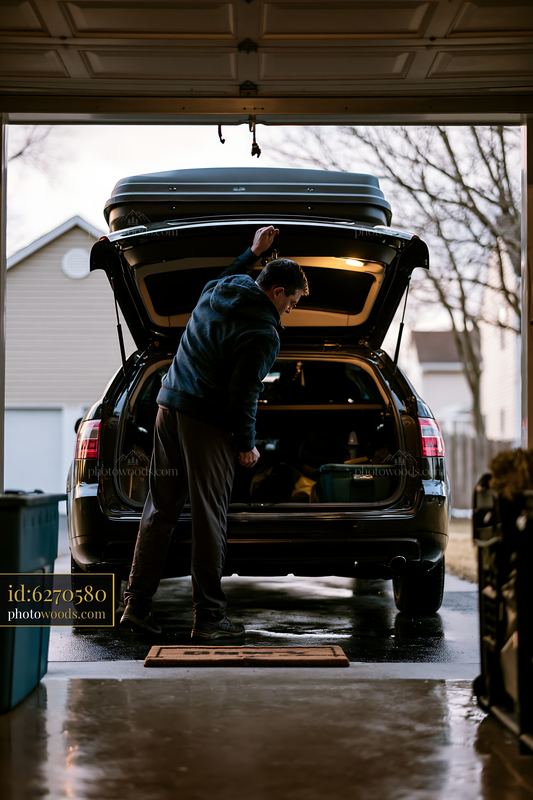 Man preparing for winter holiday road trip in garage