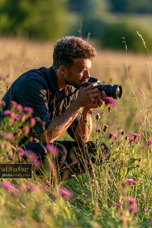 Man capturing meadow flowers in a field