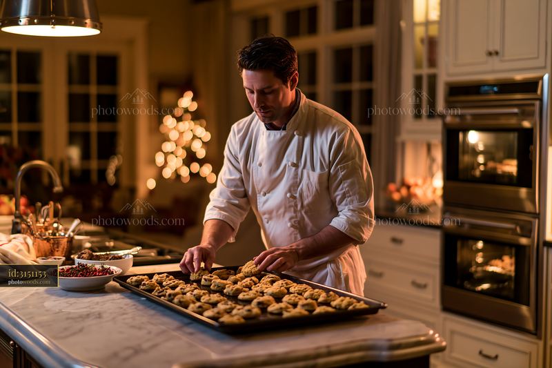 Elegant luxury kitchen illuminated at night for Christmas