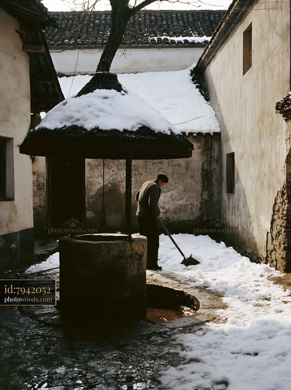 Farmhouse courtyard with well and snow in outdoor setting