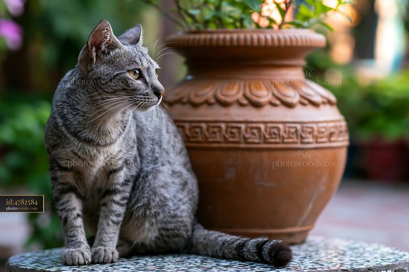 Mandalay cat portrait on a garden table beside a flower pot