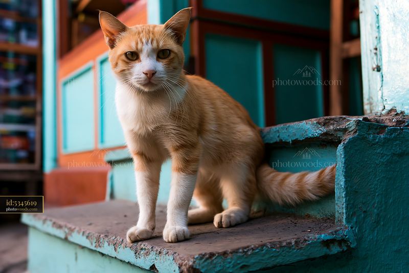 Mandalay cat portrait on steps with colorful background