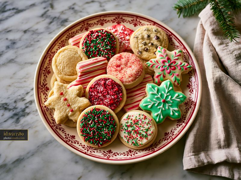 Marble kitchen countertop with festive cookies on a decorative plate