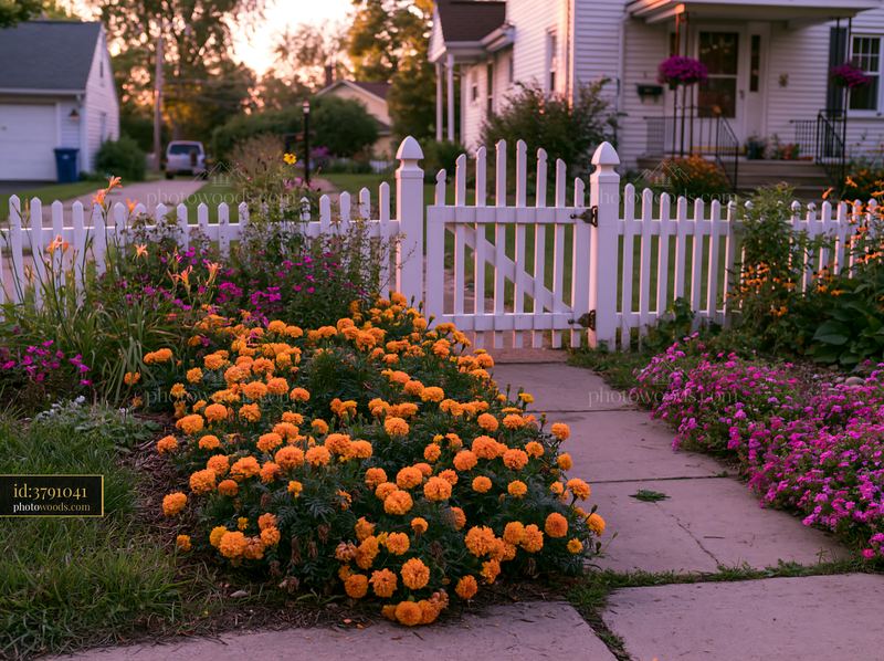 Vibrant marigold flower bed brightens garden path near a house