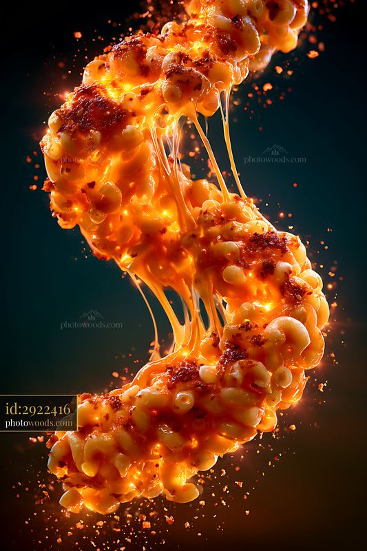 Melted cheese and macaroni create a fluid shape in dark background