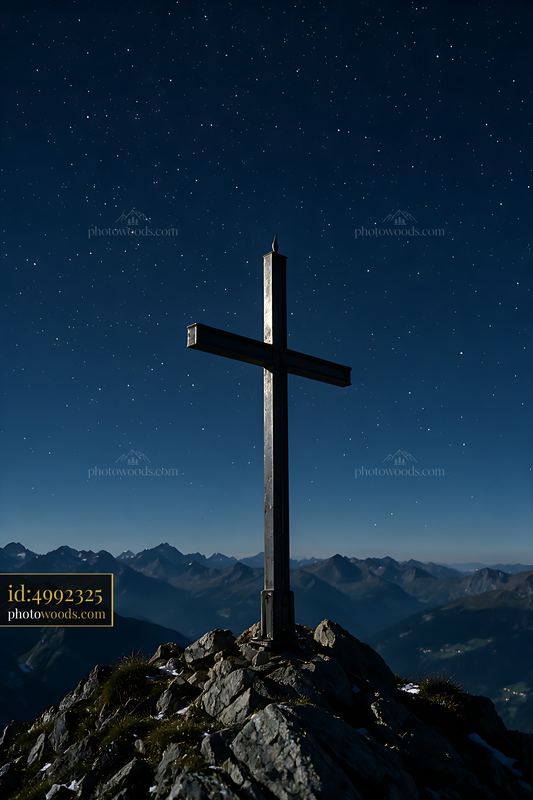 Swiss starry mountain night with cross overlooking landscape
