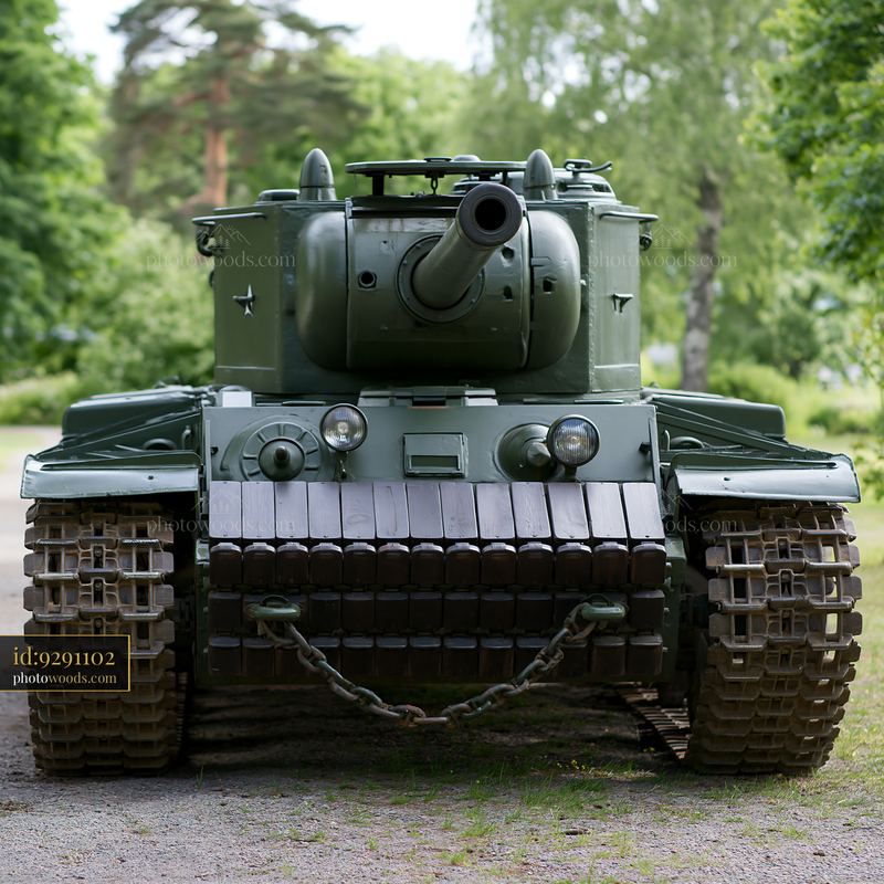 Military tank in a forested area on a gravel path