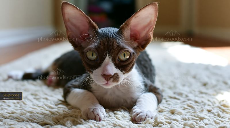 Minskin cat portrait with large ears looking at the camera