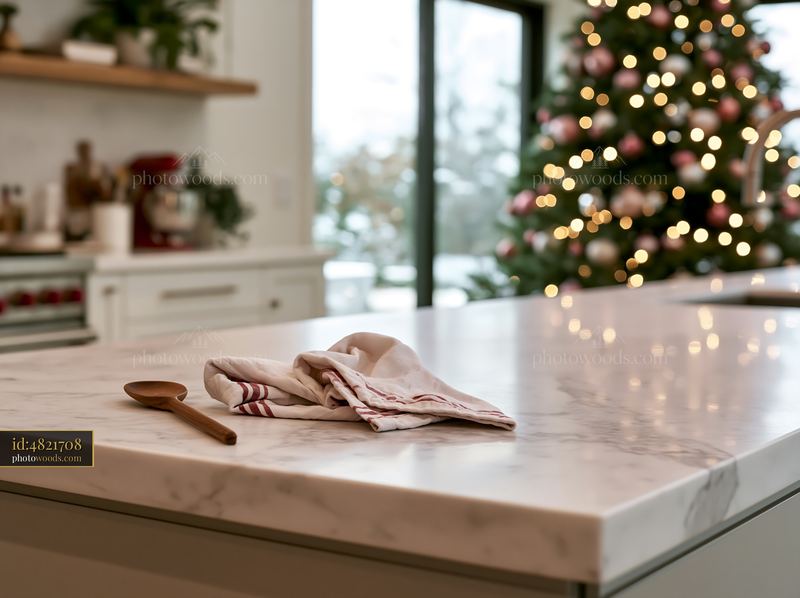Modern kitchen with Christmas tree reflection and festive decor