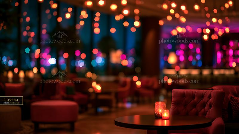 Stylish lounge interior with glowing lights and cozy seating