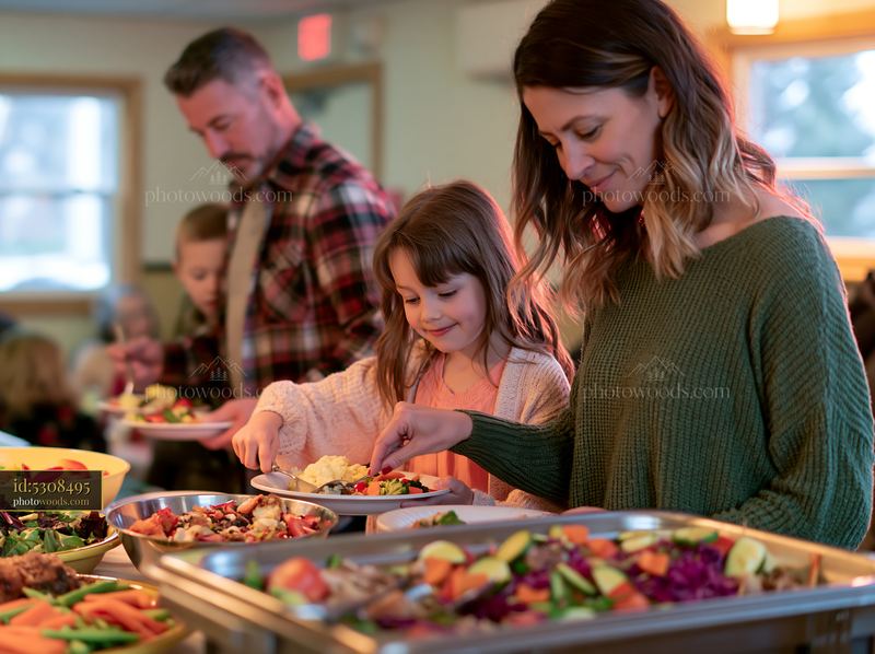 Family members serve food at a church gathering buffet