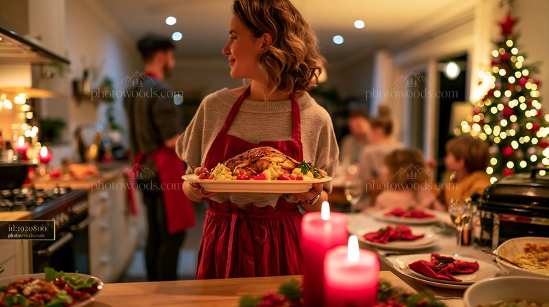 Parents serving Christmas dinner with family in a festive setting