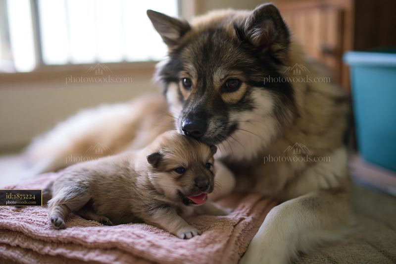 Rare dog breed mother with puppies in cozy indoor setting