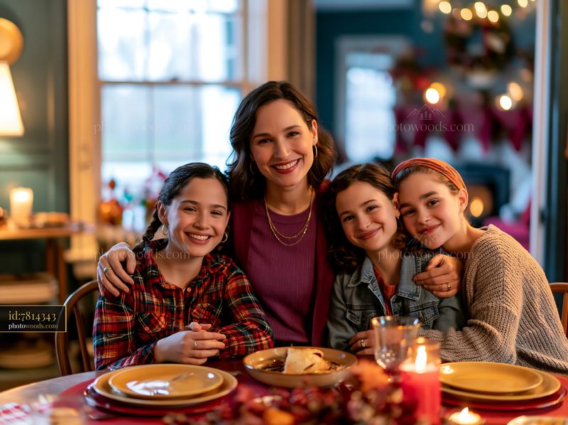 Family gathering with mother and daughters at Christmas table
