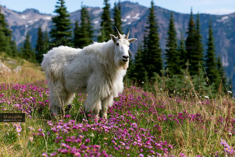 Mountain goat standing in a wildflower meadow below rocky peaks