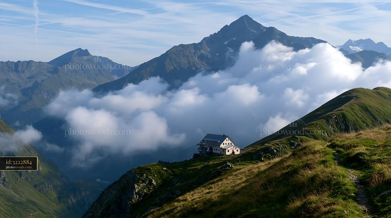 Dramatic clouds around alpine peaks and a mountain hut
