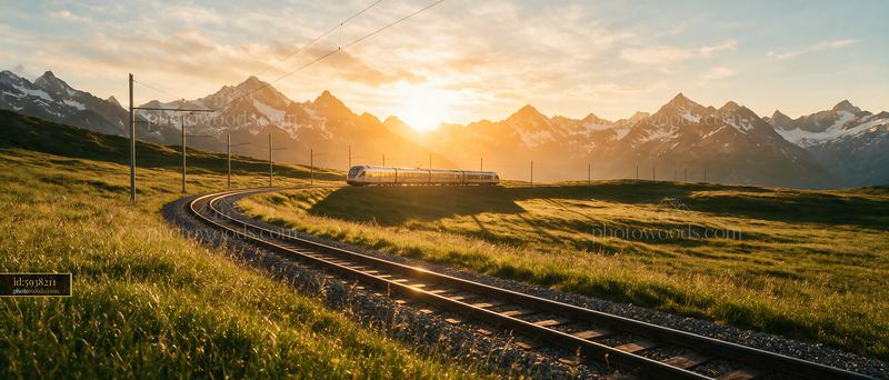 Mountain railway at sunset in the Swiss Alps