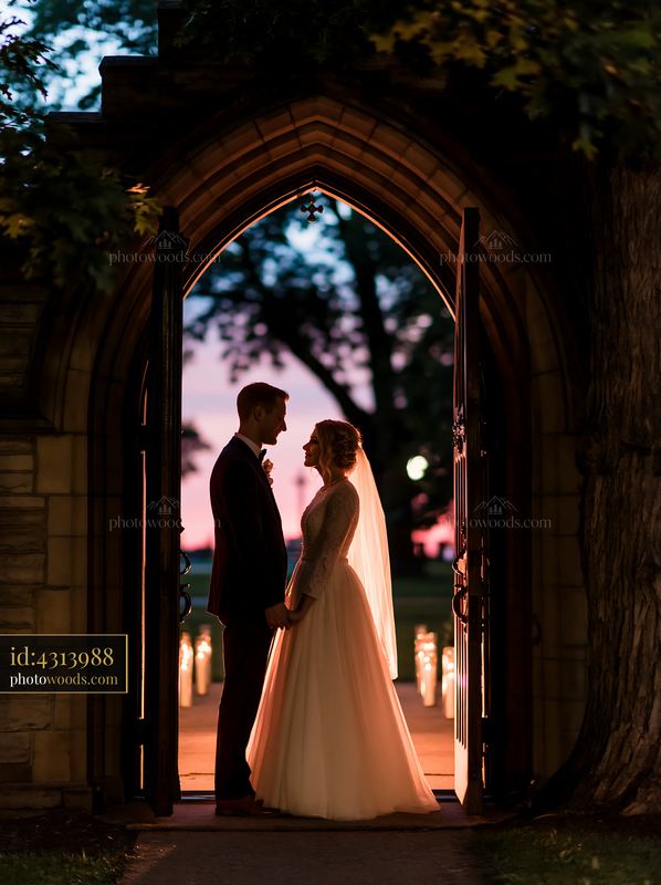 Newlywed couple under church doorway arch at sunset