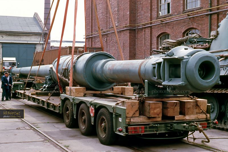 Detail of a panzer tank gun barrel on a transport trailer