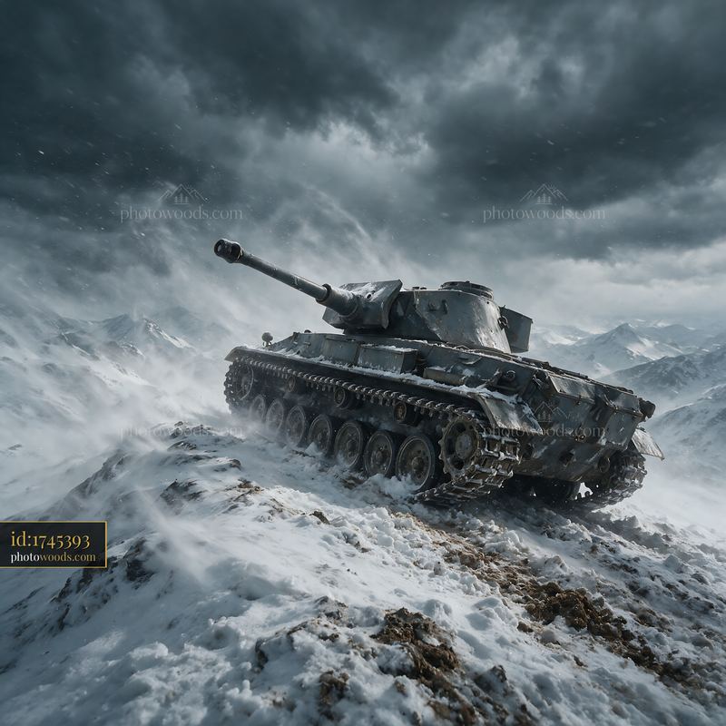 Panzer tank moves through snow in a winter landscape