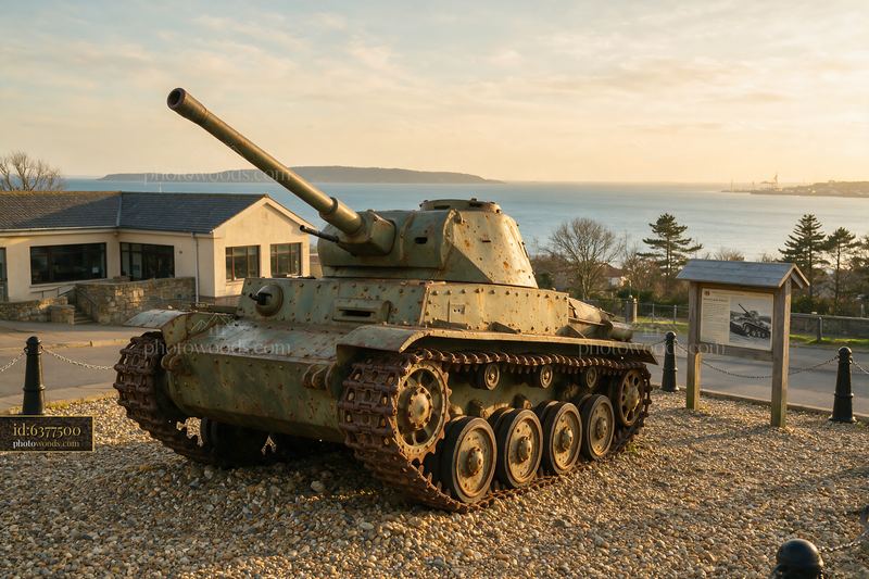 Panzer tank display at sunset by the waterfront museum