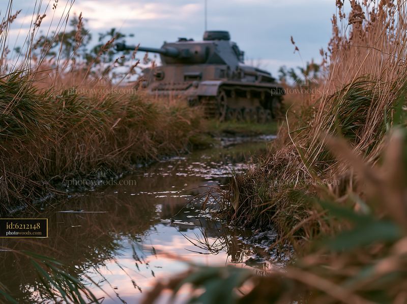Panzer tank in tall grass near a narrow waterway