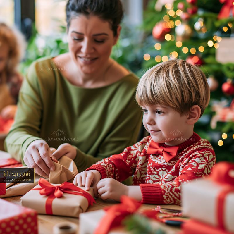 Parent teaching children to wrap Christmas gifts at home
