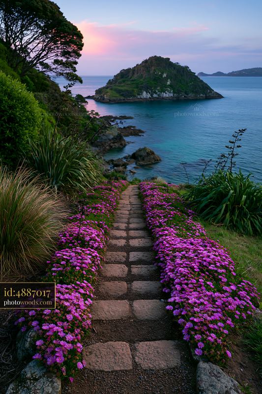 Pathway lined with flowers leading to an island with cliffs