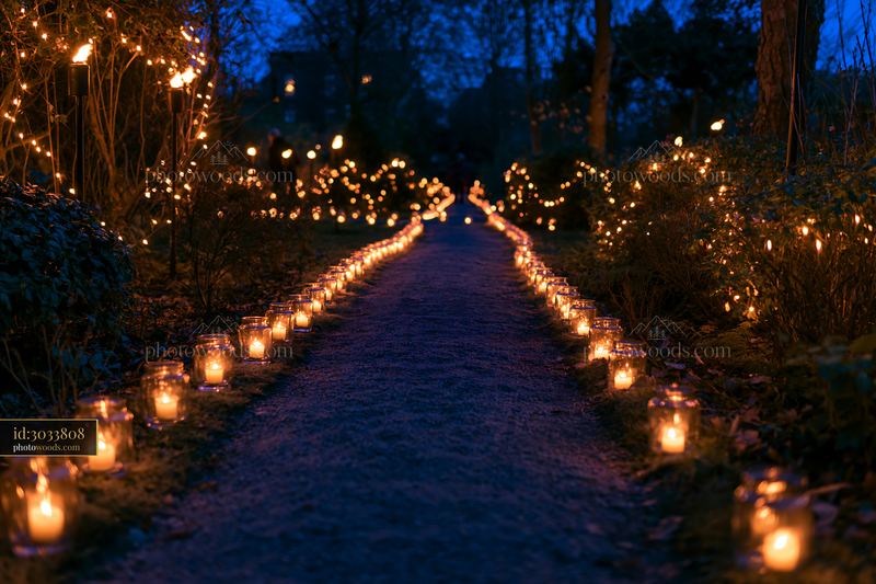 Military memorial garden with glowing candles at night
