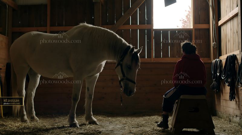 Therapy horse provides support to a patient in a stable