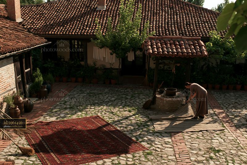 Farmhouse courtyard with well and traditional activities
