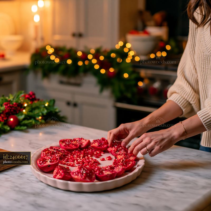 High-end kitchen decorated with Christmas garlands and treats