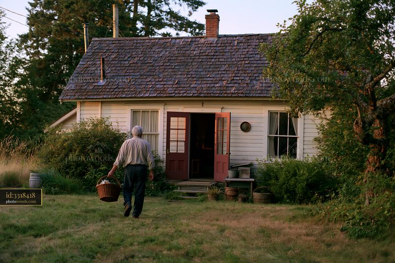 Country house with open front door at sunset