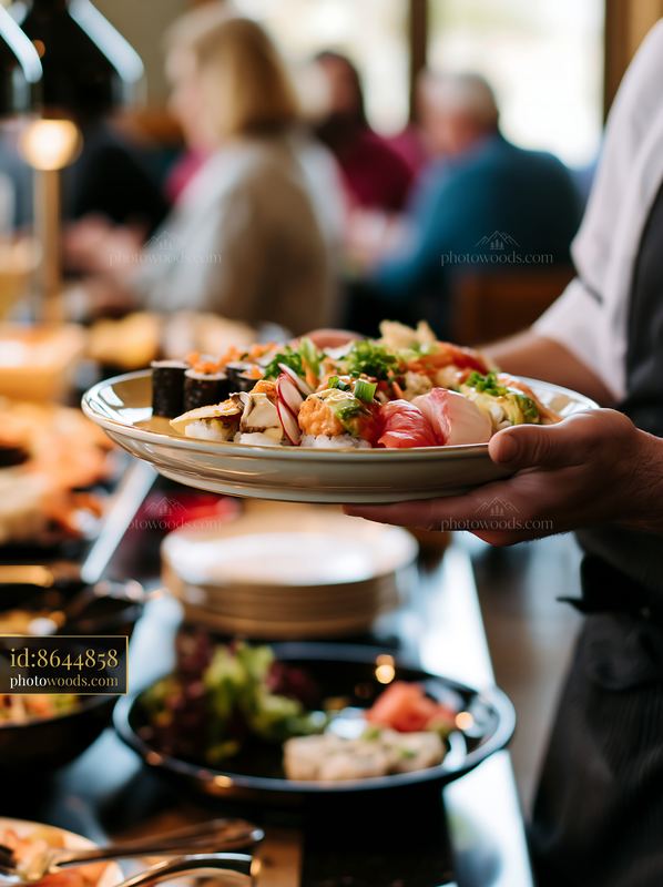 Sushi buffet close-up with a variety of dishes being served