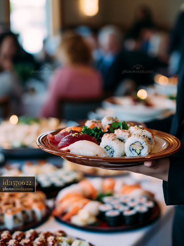 Sushi buffet offering different types of sushi on a plate