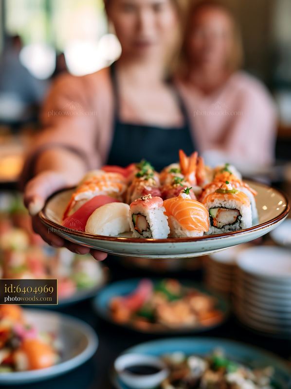 Sushi buffet display with a selection of rolls and sashimi