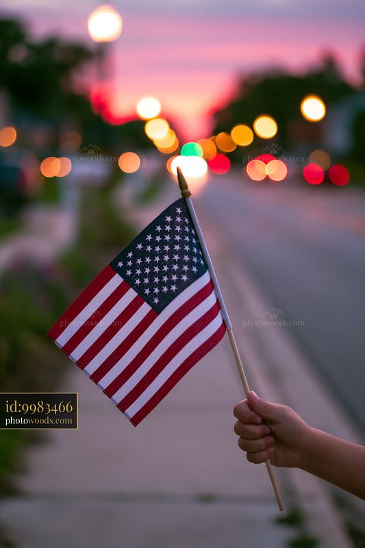 American flag held at dawn on a city street