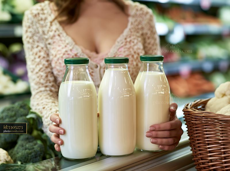 Shopper comparing local milk bottles at grocery store