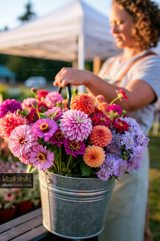 Mixed seasonal flowers arranged in a bucket at a farmers market
