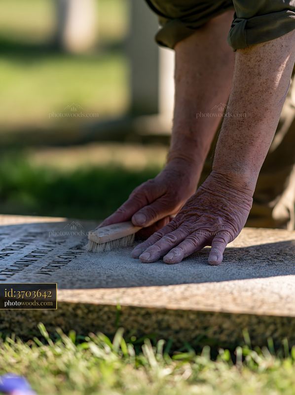 A person is gently cleaning a gravestone in a veterans cemetery