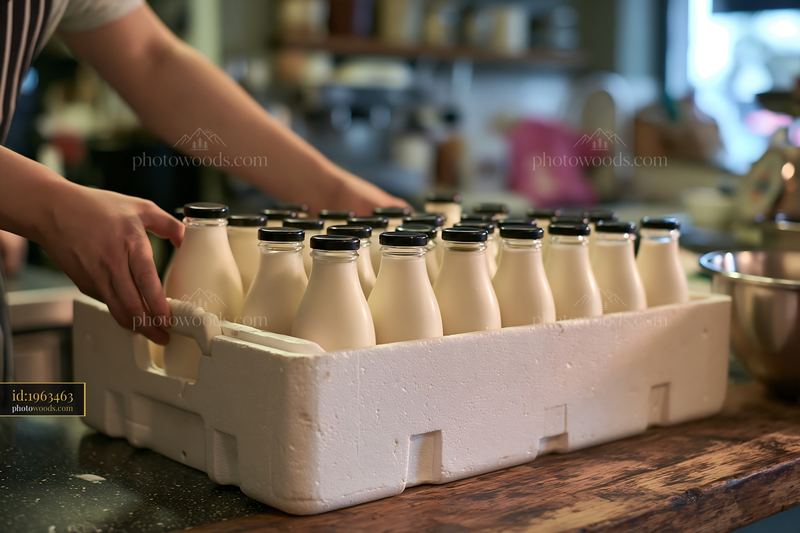Milk bottles in an insulated delivery box at a delivery service