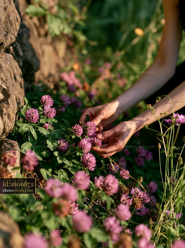 Hand gathering wild meadow flowers in a lush green setting