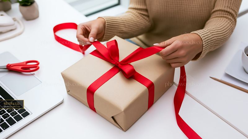 Hands tying ribbon around gift box on table with laptop