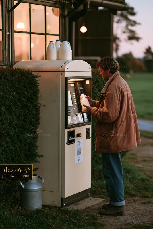 Raw milk vending machine outside a farm in evening light
