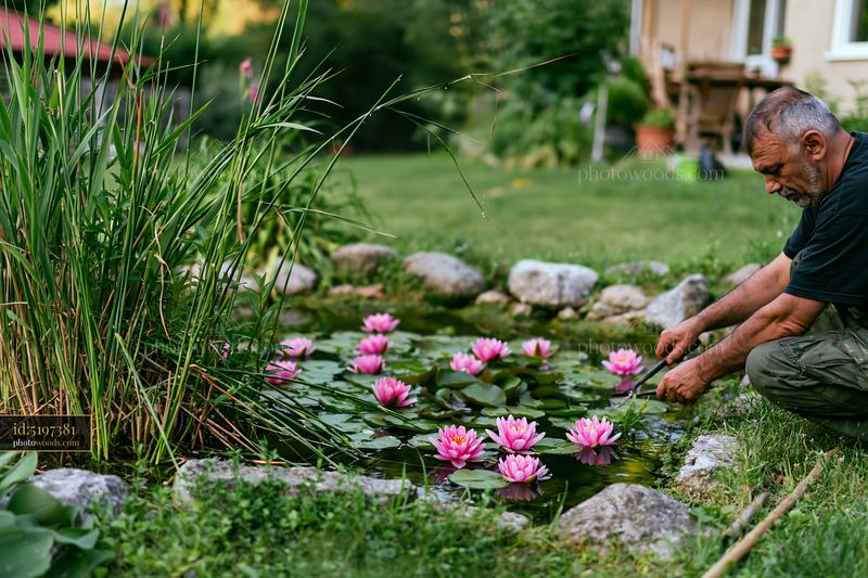 Gardener tending to a small pond with pink water lilies